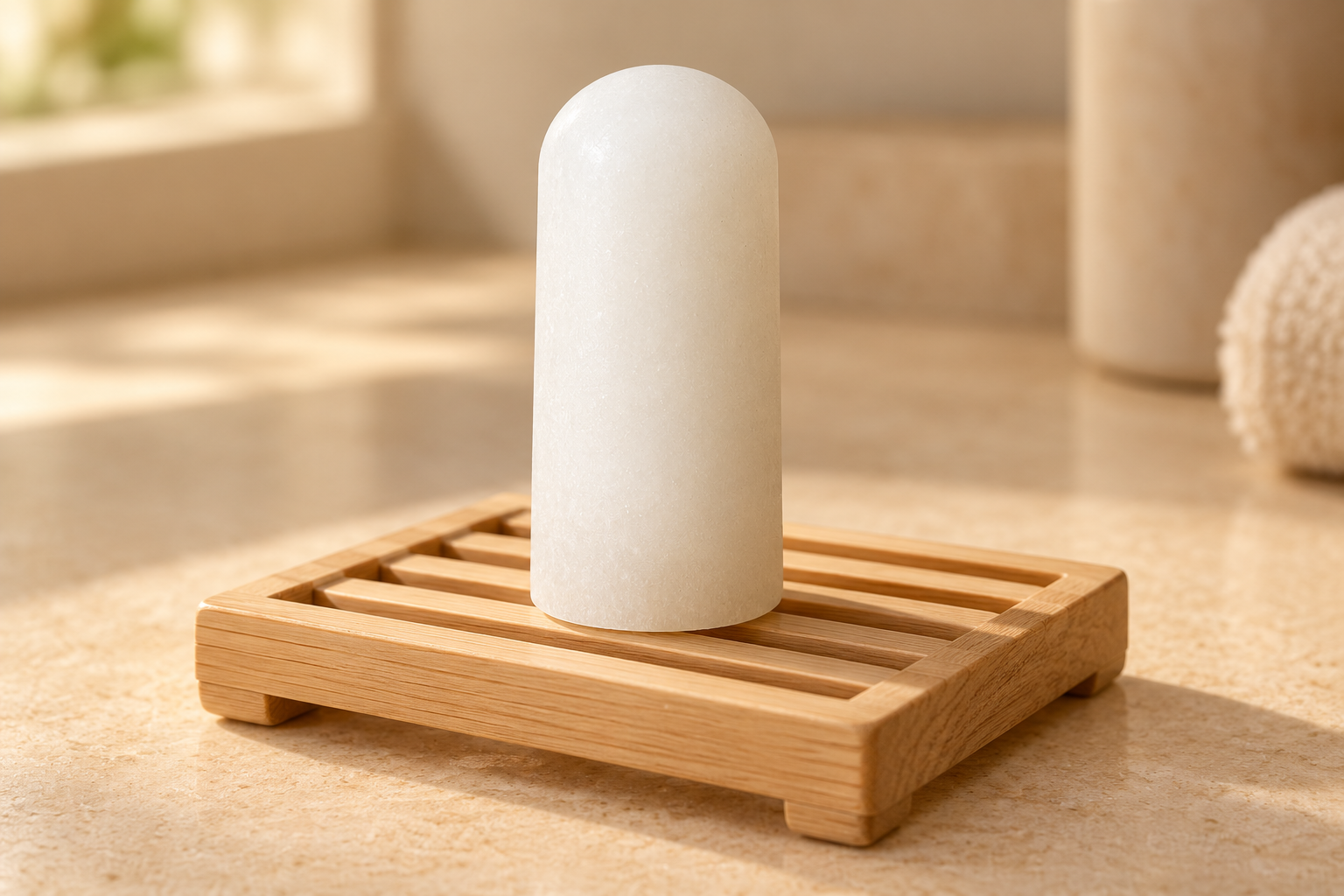 Piedra de alumbre Alucuy sobre una jabonera de madera con ranuras, en una superficie seca.