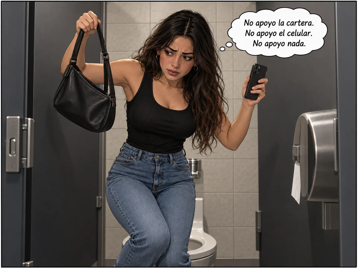 Mujer sosteniendo cartera y celular para no apoyarlos en el baño público