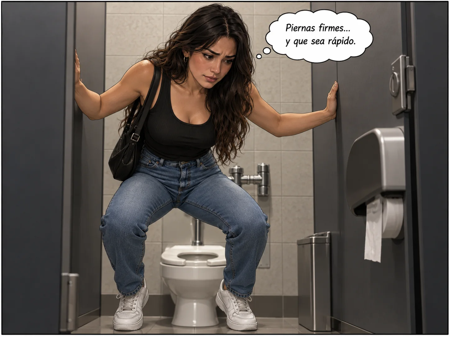 Mujer intentando mantener el equilibrio sin sentarse en un baño público